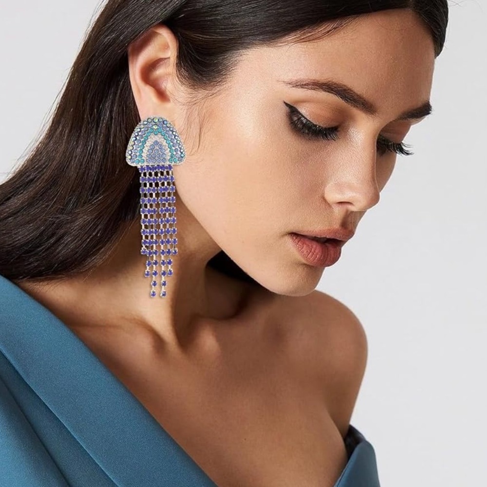 NEW! Statement Earrings Long Tassel Unique Rhinestone Drop Crystal Dangling Blue - Picture 3 of 10